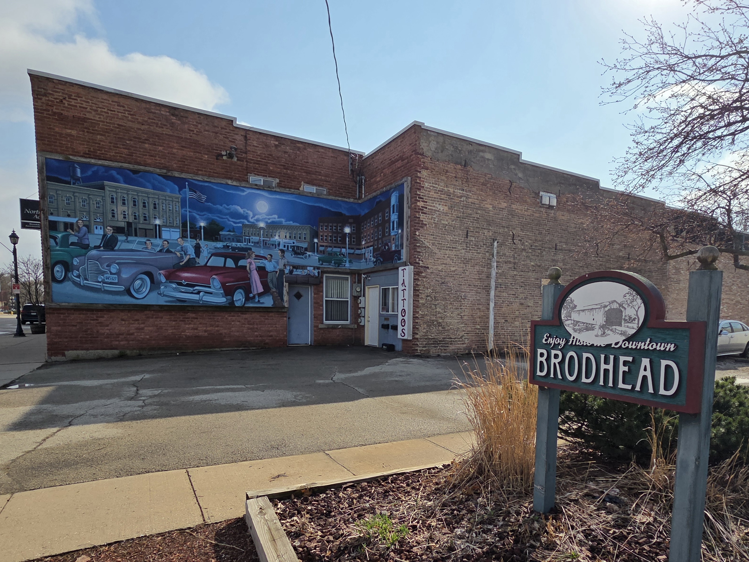 Historic downtown Brodhead with vintage mural and charm
